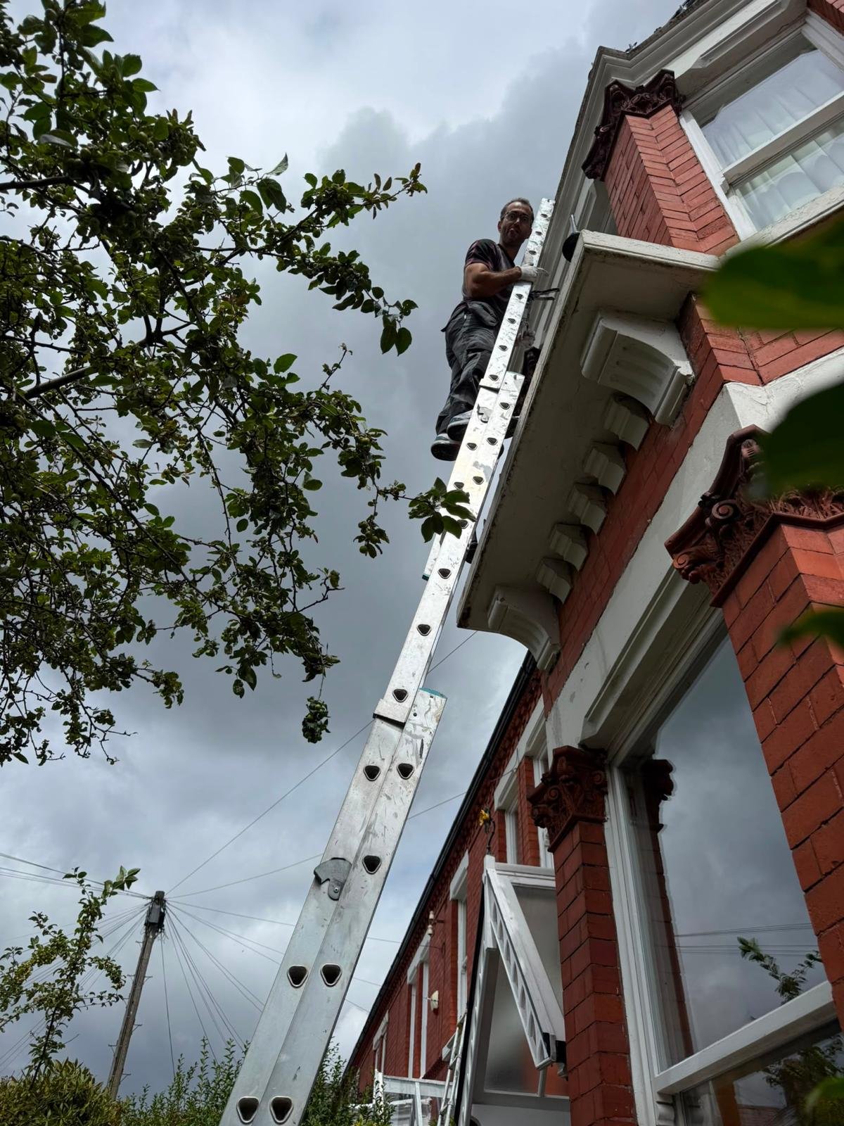 Working from a ladder on the fascias and guttering of a brick house